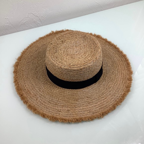Lucca Raffia Natural Wide Rim Hat with Black band Adjustable Size NEW - Picture 11 of 11